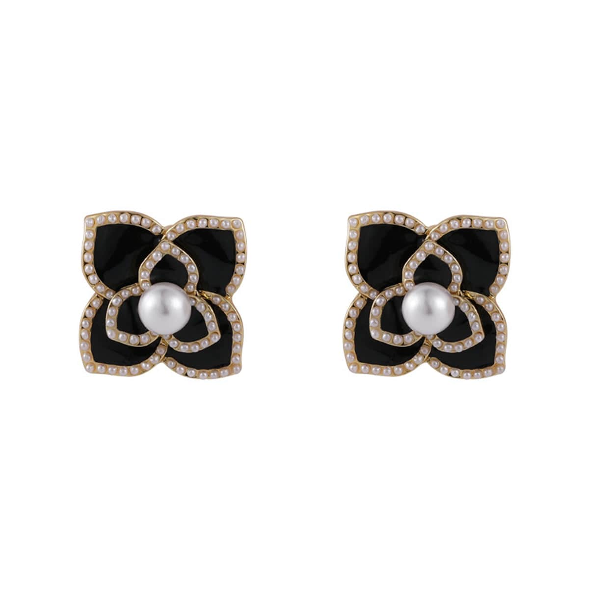 Pearl & Black Camellia Goldtone Stud Earrings