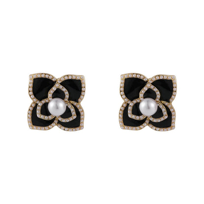 Pearl & Black Camellia Goldtone Stud Earrings