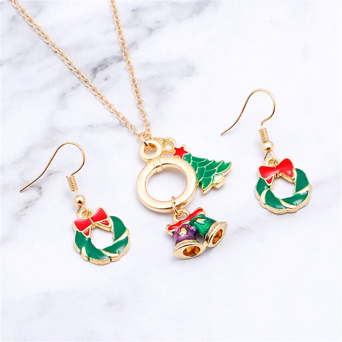 Green Enamel & Goldtone Wreath Earrings & Pendant Necklace