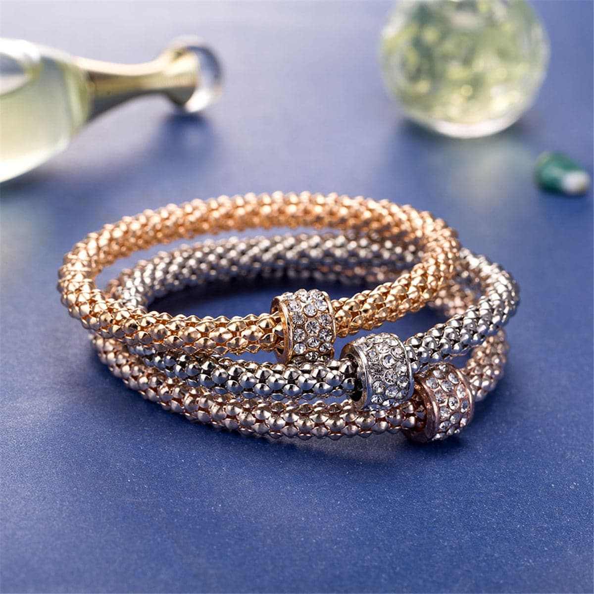 Cubic Zirconia & Tri-Tone Hollow Convex Bracelet Set