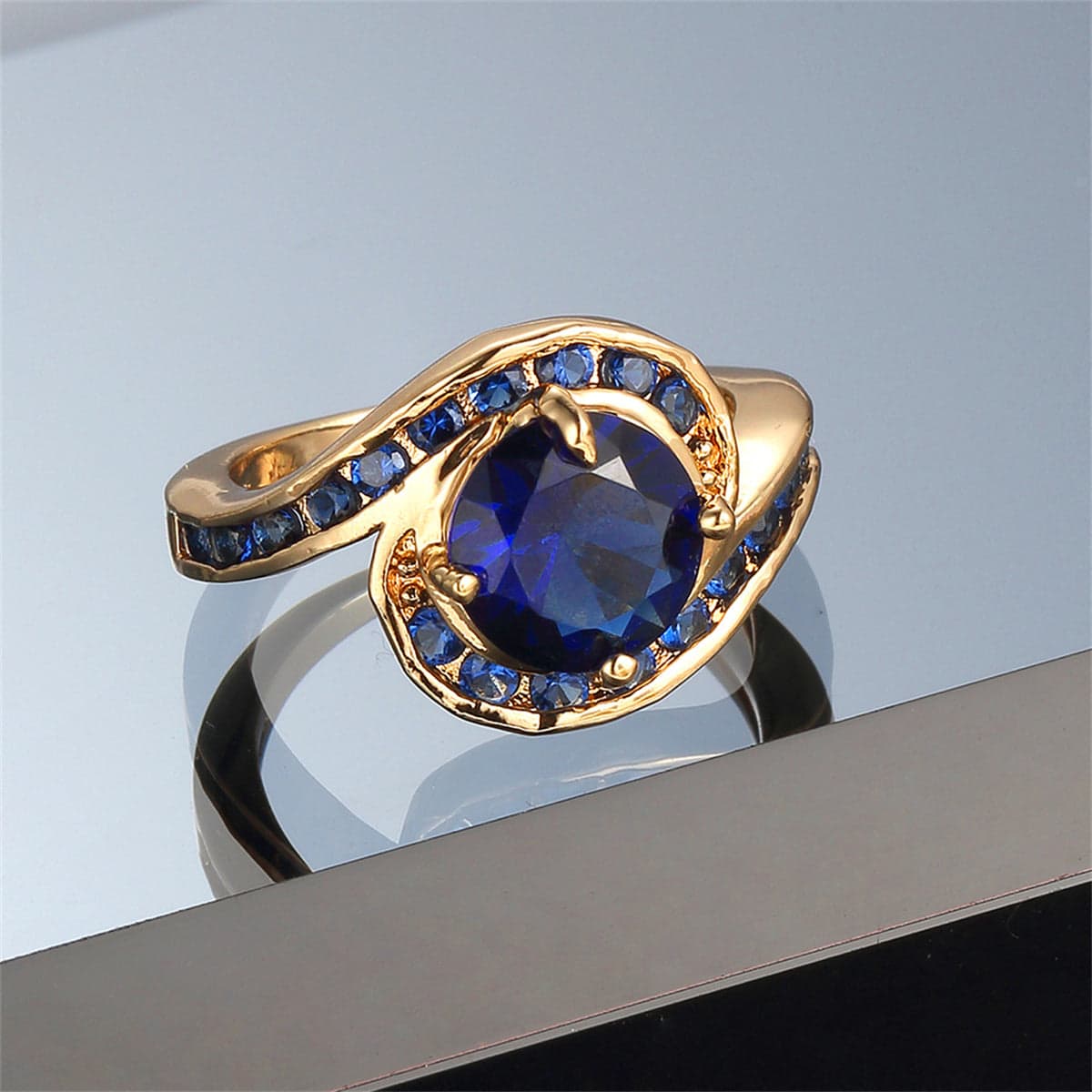 Navy Crystal & Cubic Zirconia Round-Cut Bypass Ring