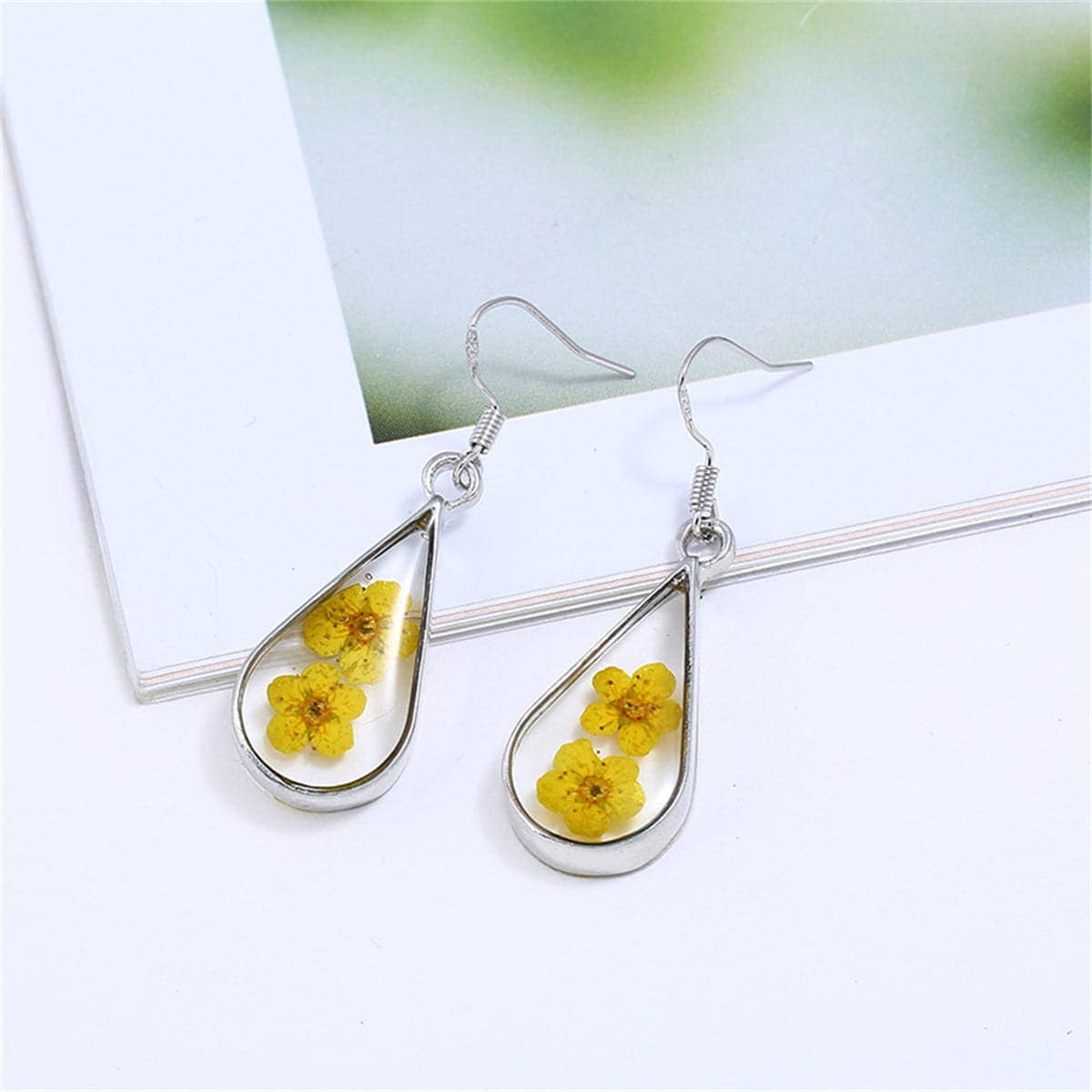 Double Yellow Pressed Peach Flower & Silvertone Drop Earrings