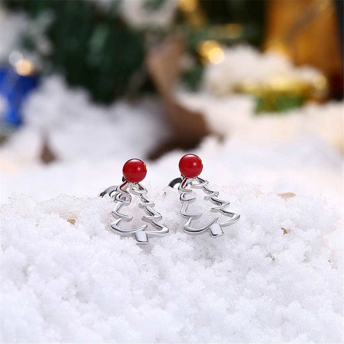 Red Resin & Silvertone Open Christmas Tree Stud Earrings