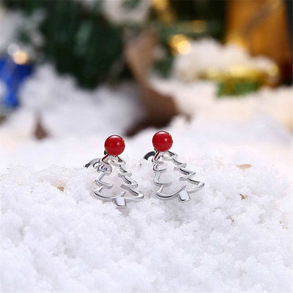 Red Resin & Silvertone Open Christmas Tree Stud Earrings