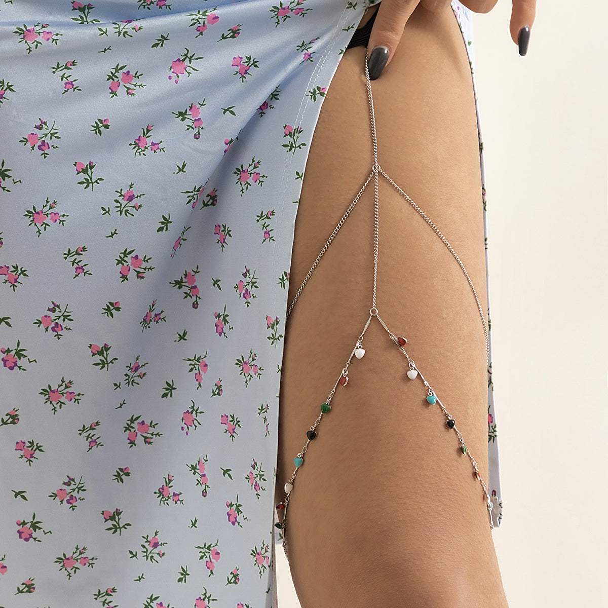 Green & Red Enamel Silvertone Heart Layered Leg Chain
