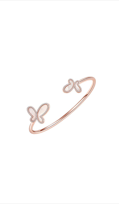 18K Rose Gold & CZ Encrusted Mother Of Pearl Butterfly Women's Bangel Bracelet Jewelry