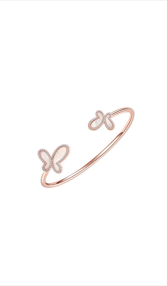 18K Rose Gold & CZ Encrusted Mother Of Pearl Butterfly Women's Bangel Bracelet Jewelry