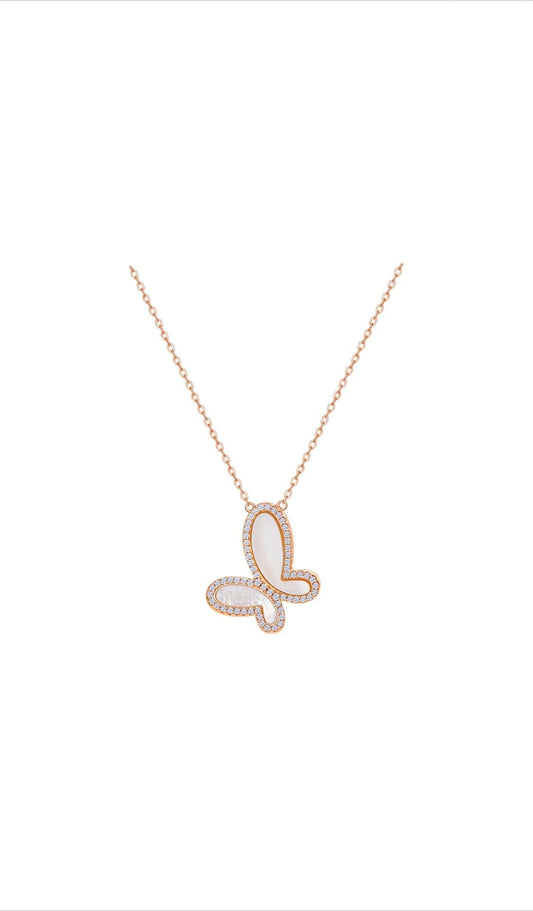 Mother of Pearl w/ 18k Gold & Cubic Zirconia Butterfly Necklace Jewelry