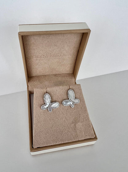 925 Silver with Mother Of Pearl Cubic Zirconia  Stud Butterfly Earring Jewelry