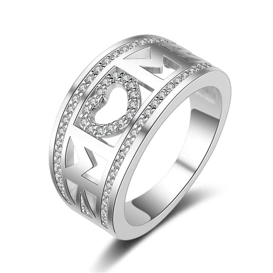 Cubic Zirconia & Silvertone 'Mom' Heart Ring