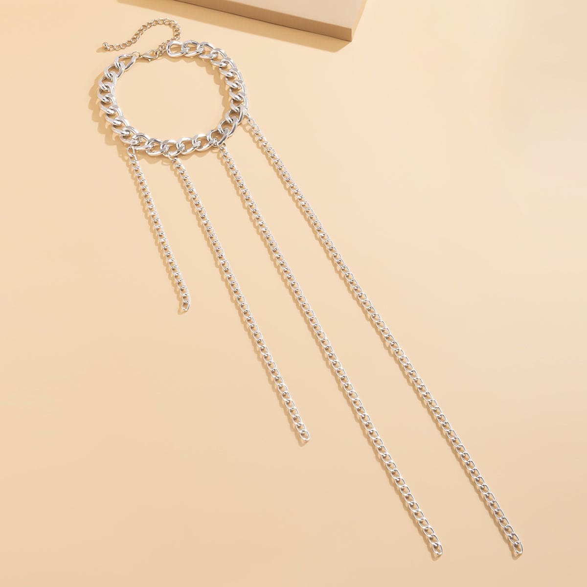 Silvertone Curb Chain Waterfall Tassel Choker Necklace
