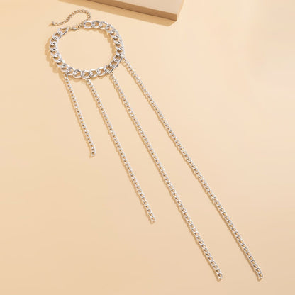 Silvertone Curb Chain Waterfall Tassel Choker Necklace
