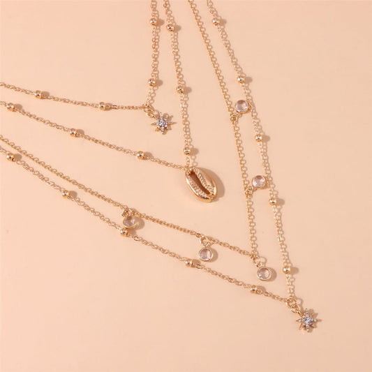 Cubic Zirconia & Goldtone Heart Shell Layered Pendant Necklace