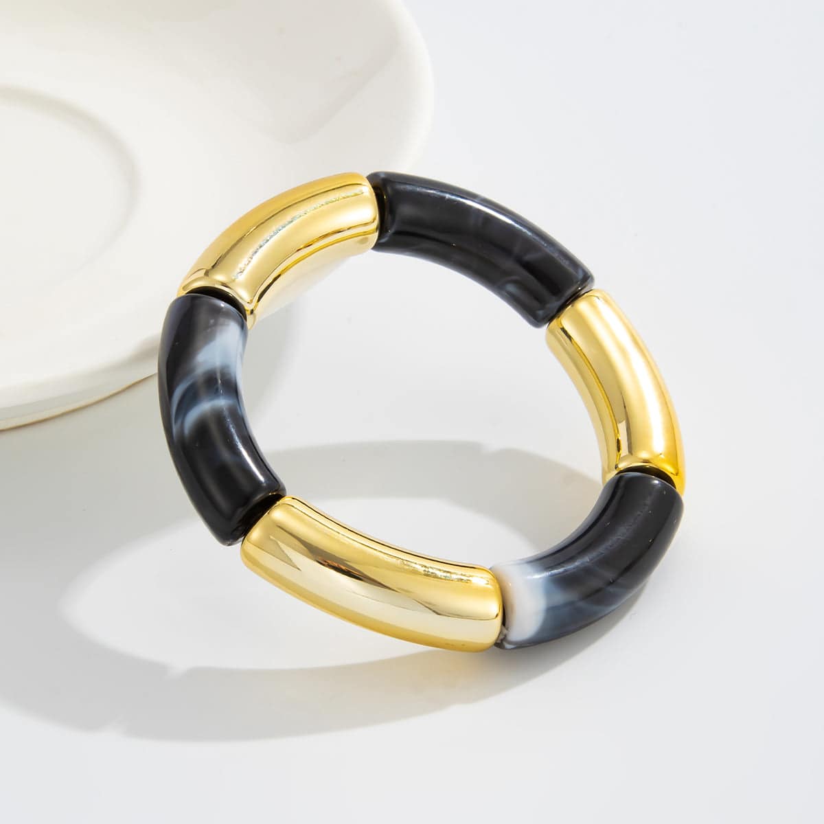 Black Resin & Goldtone Joint Stretch Bracelet