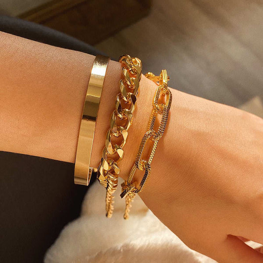 Goldtone Cut Figaro Bracelet Set