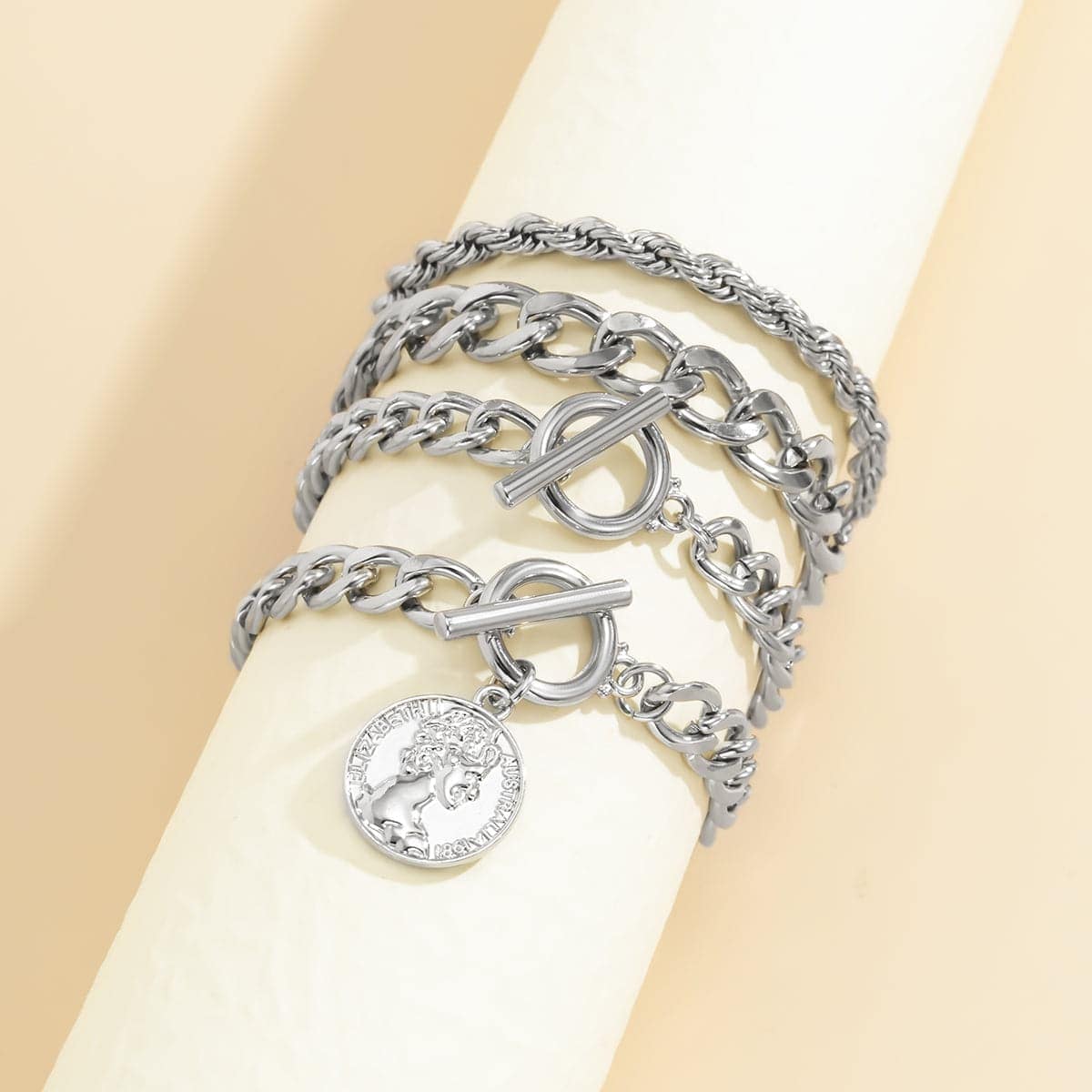 Silvertone Coin Toggle Chain Bracelet Set