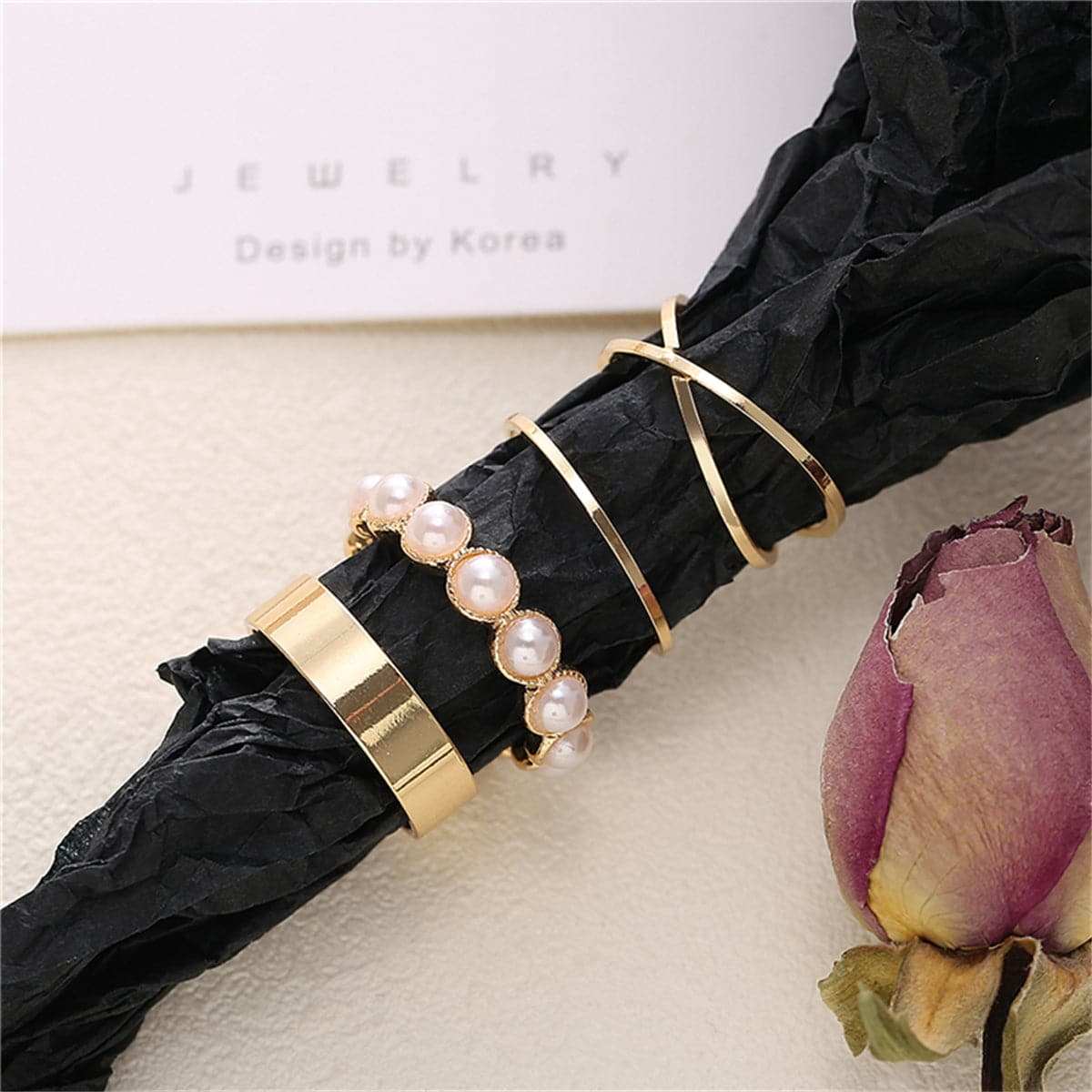 Pearl & Goldtone Crisscross Ring Set