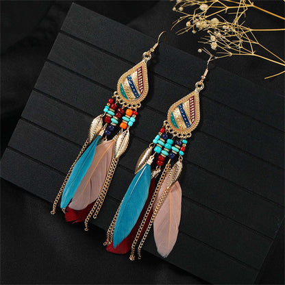 Multicolored Feather & Goldtone Feather Drop Earrings