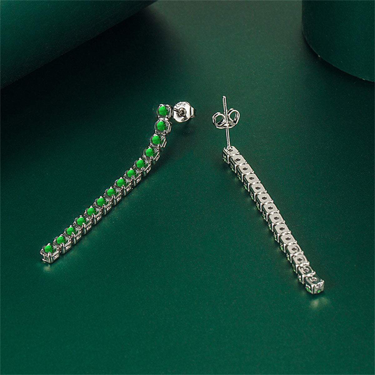 Green Cubic Zirconia & Silvertone Tassel Drop Earrings