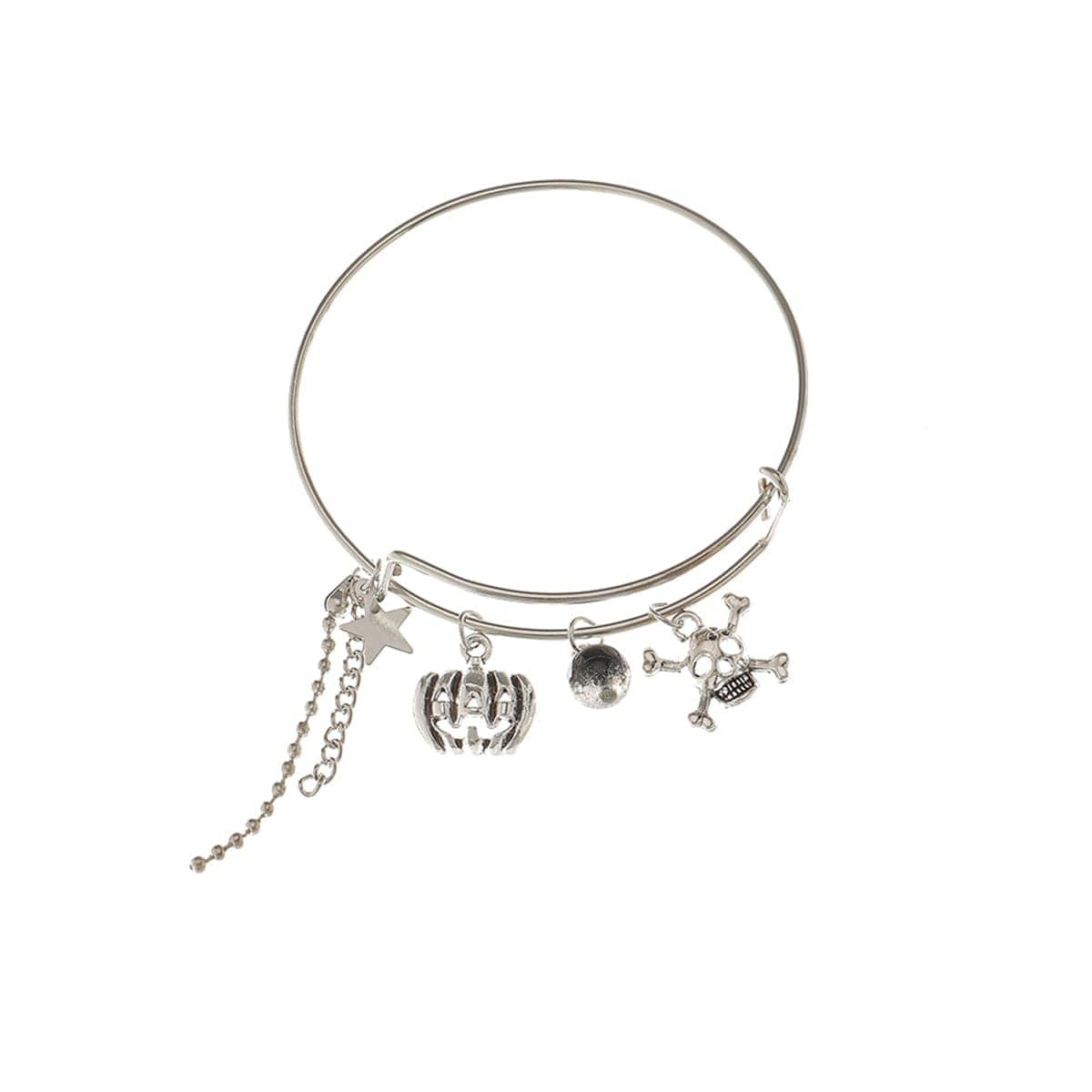 Black Glass & Silvertone Pumpkin Skull Charm Adjustable Bangle