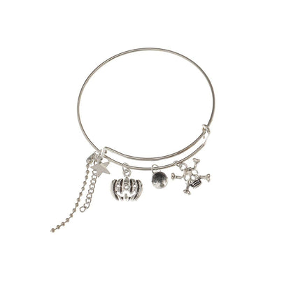 Black Glass & Silvertone Pumpkin Skull Charm Adjustable Bangle