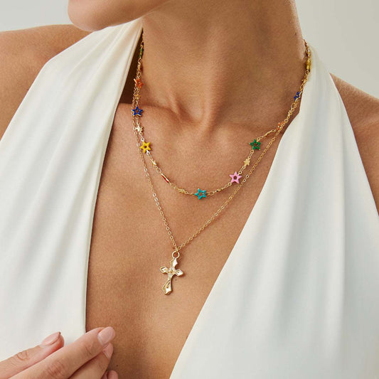 Multi-Colored Enamel & Goldtone Star Station Cross Pendant Necklace Set