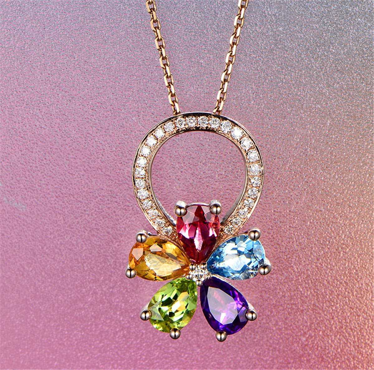 Rainbow Cubic Zirconia & Rose Goldtone Flower Pendant Necklace