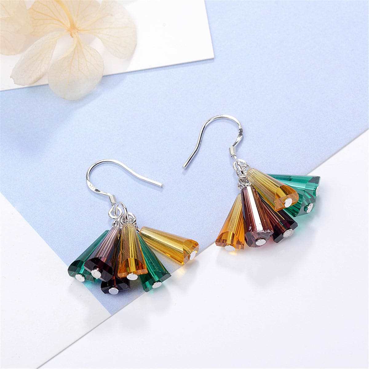 Rainbow Crystal & Silvertone Drop Earrings