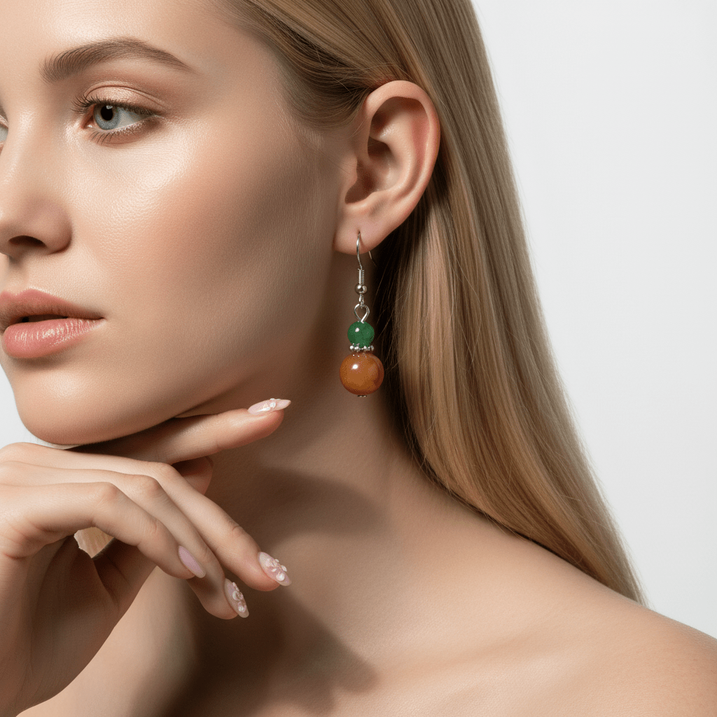 Green & Orange Jade Silvertone ‌Gourd-Shape Hook Earrings