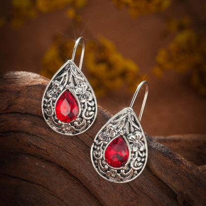 Red Crystal & Silvertone Flower Drop Earrings