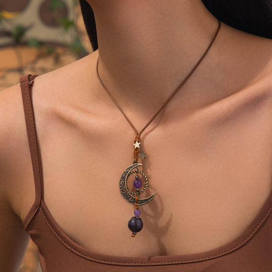 Purple Crystal & Polyster Goldtone Bead Moon Pendant Necklace