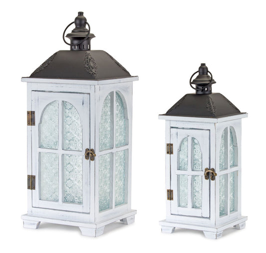 Melrose International White Wood Lantern with Ornate Frosted Glass (Set of 2)