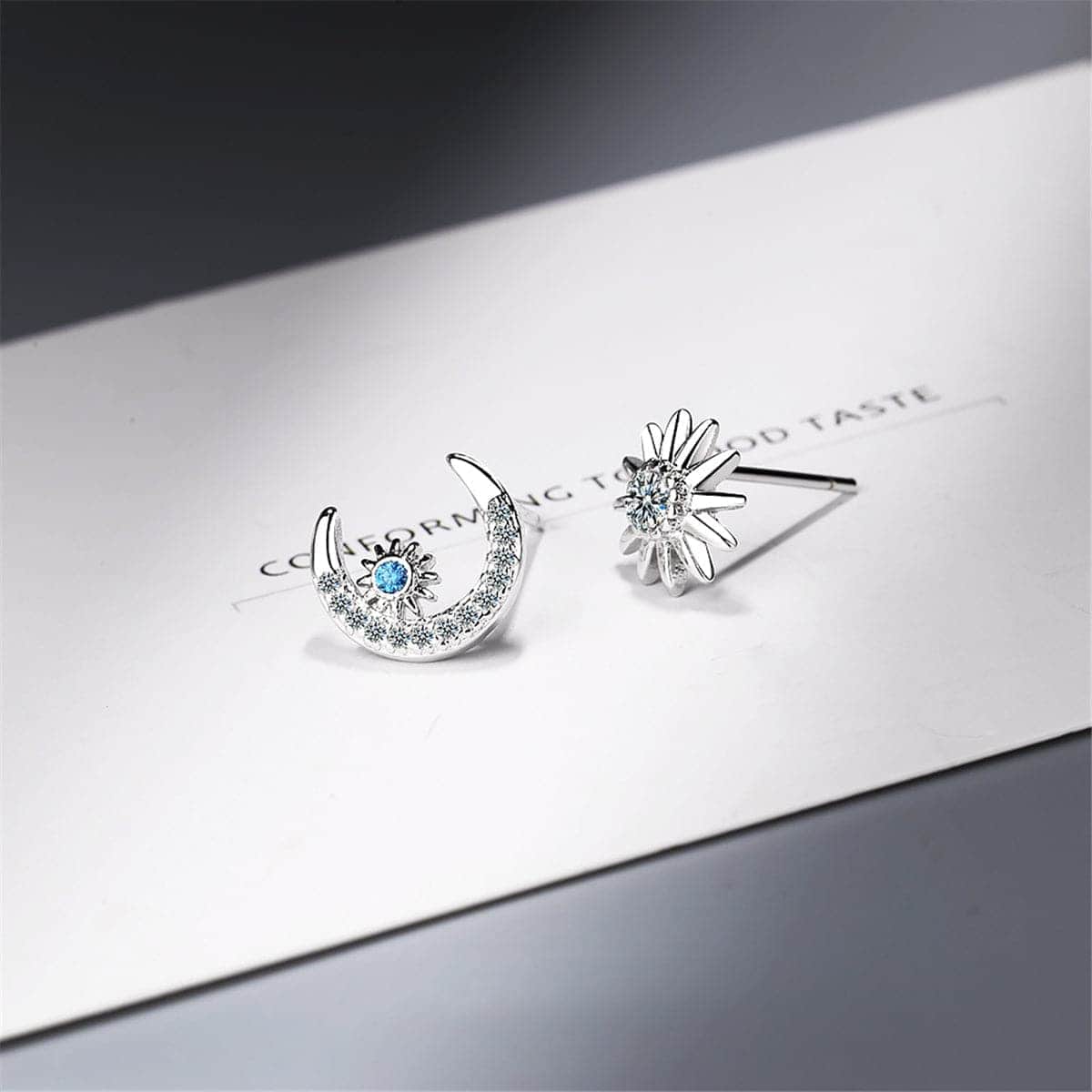 Cubic Zirconia & Silvertone Star Moon Asymmetrical Stud Earrings