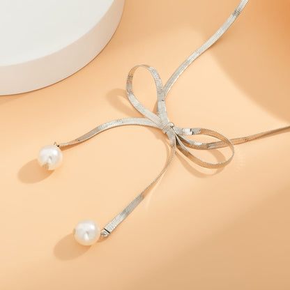 Silvertone & Pearl Bow Choker Necklace