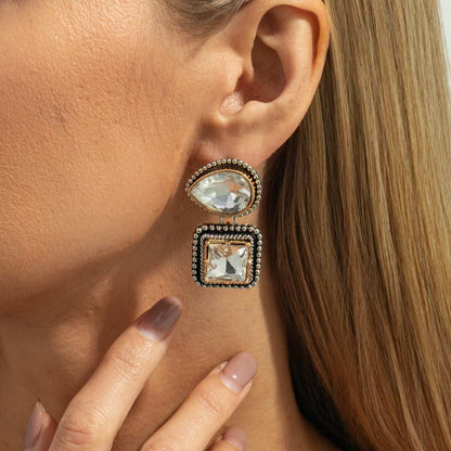 Clear Crystal & Two-Tone Drop Square Dangle Earrings