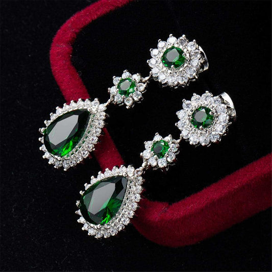 Green Crystal & Silvertone Halo Drop Earrings