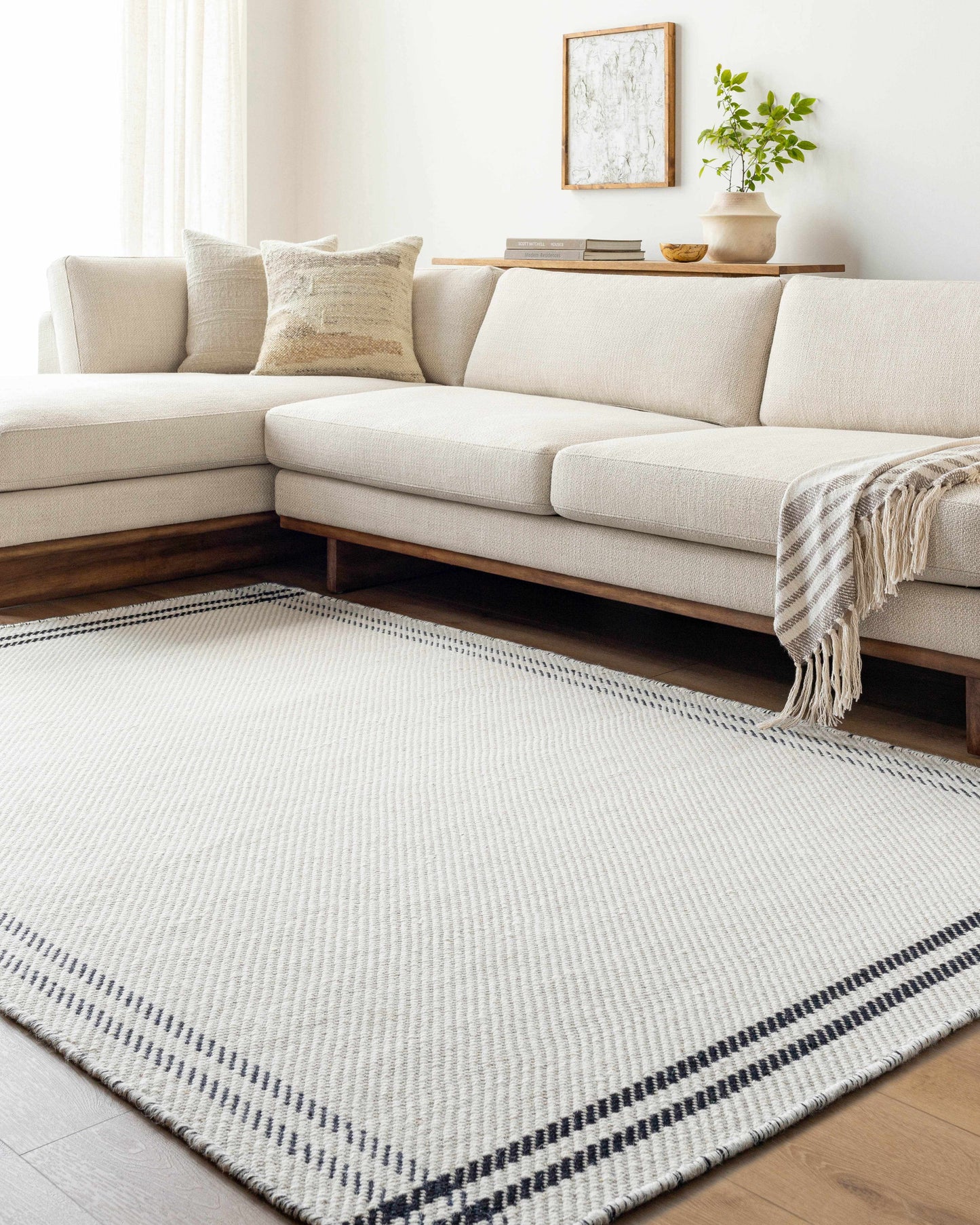 Nimue Cream & Blue Bordered Area Rug