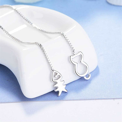 Silvertone Cat & Fishbone Threader Earrings
