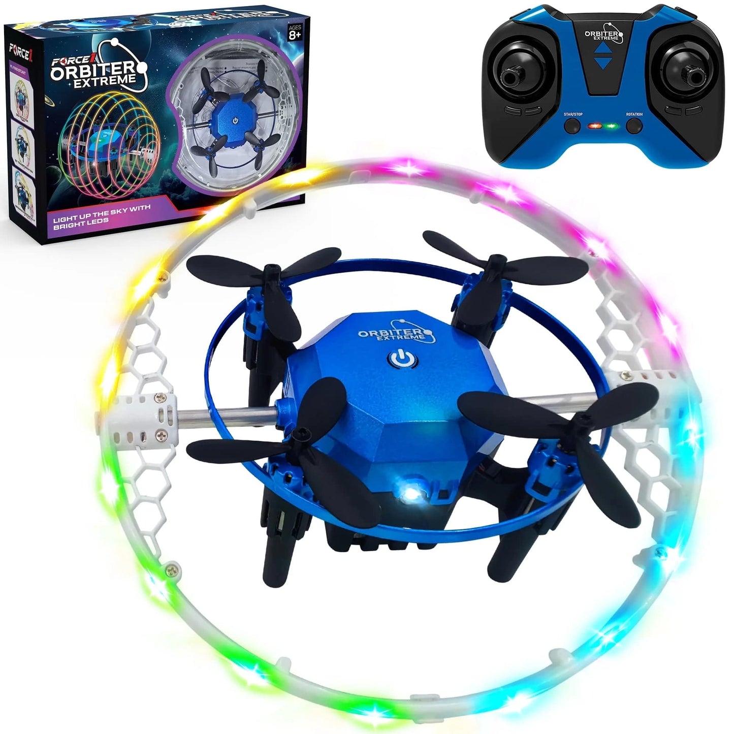 Blue, black drone and remote, and black propellers-