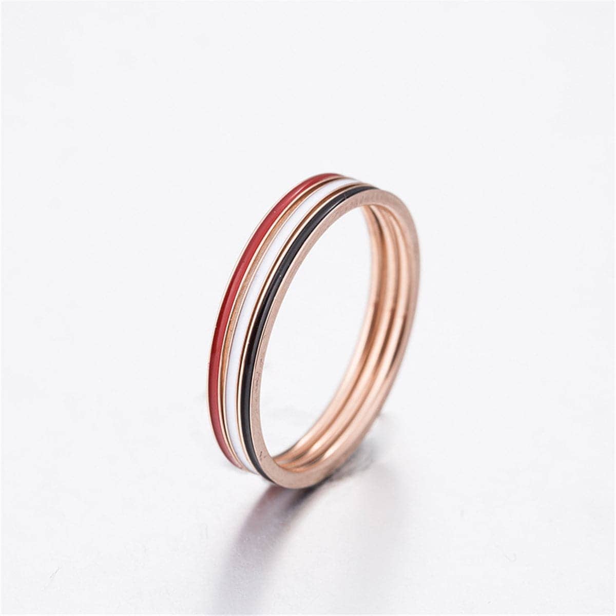Red & Black Enamel Rose Goldtone Band Ring - Set of Three