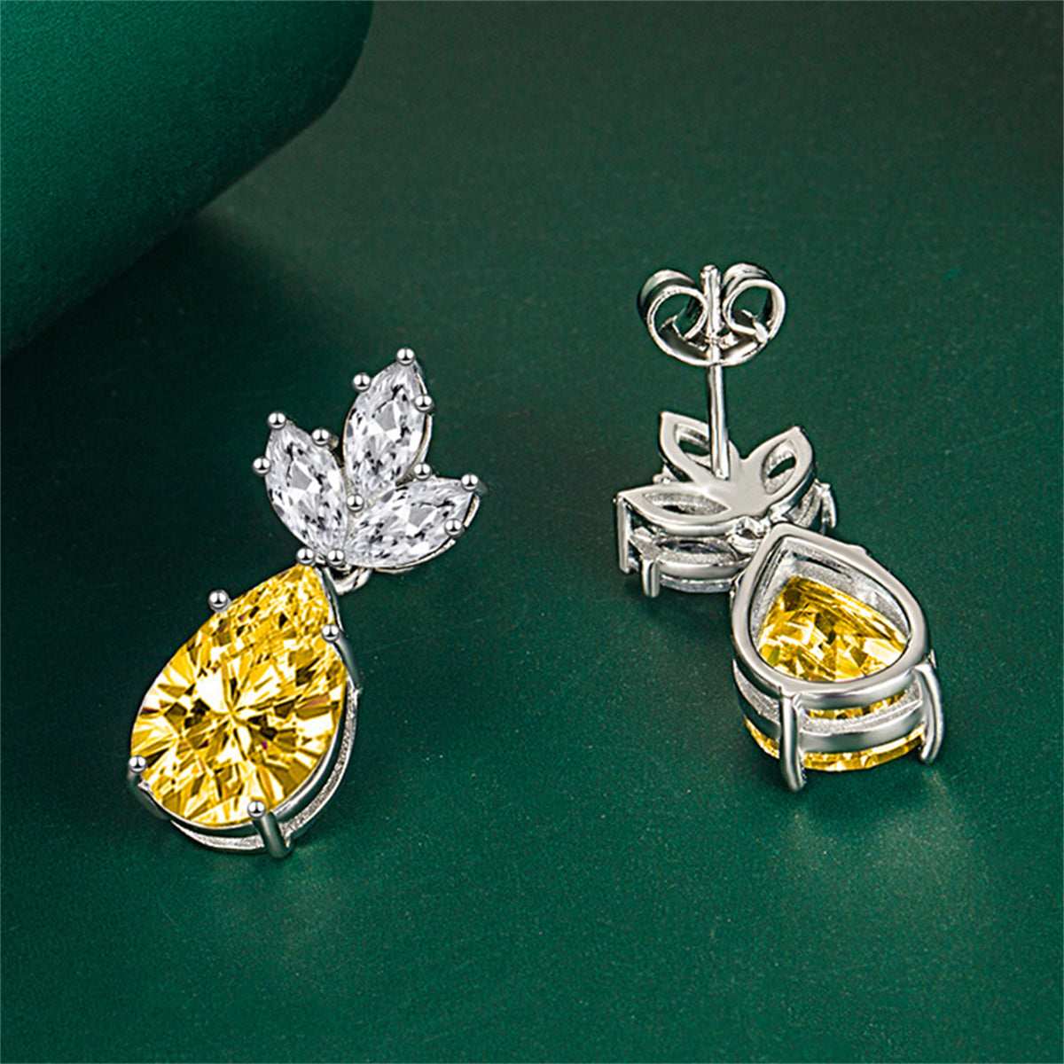 Yellow Crystal & Silvertone Pineapple Drop Earrings