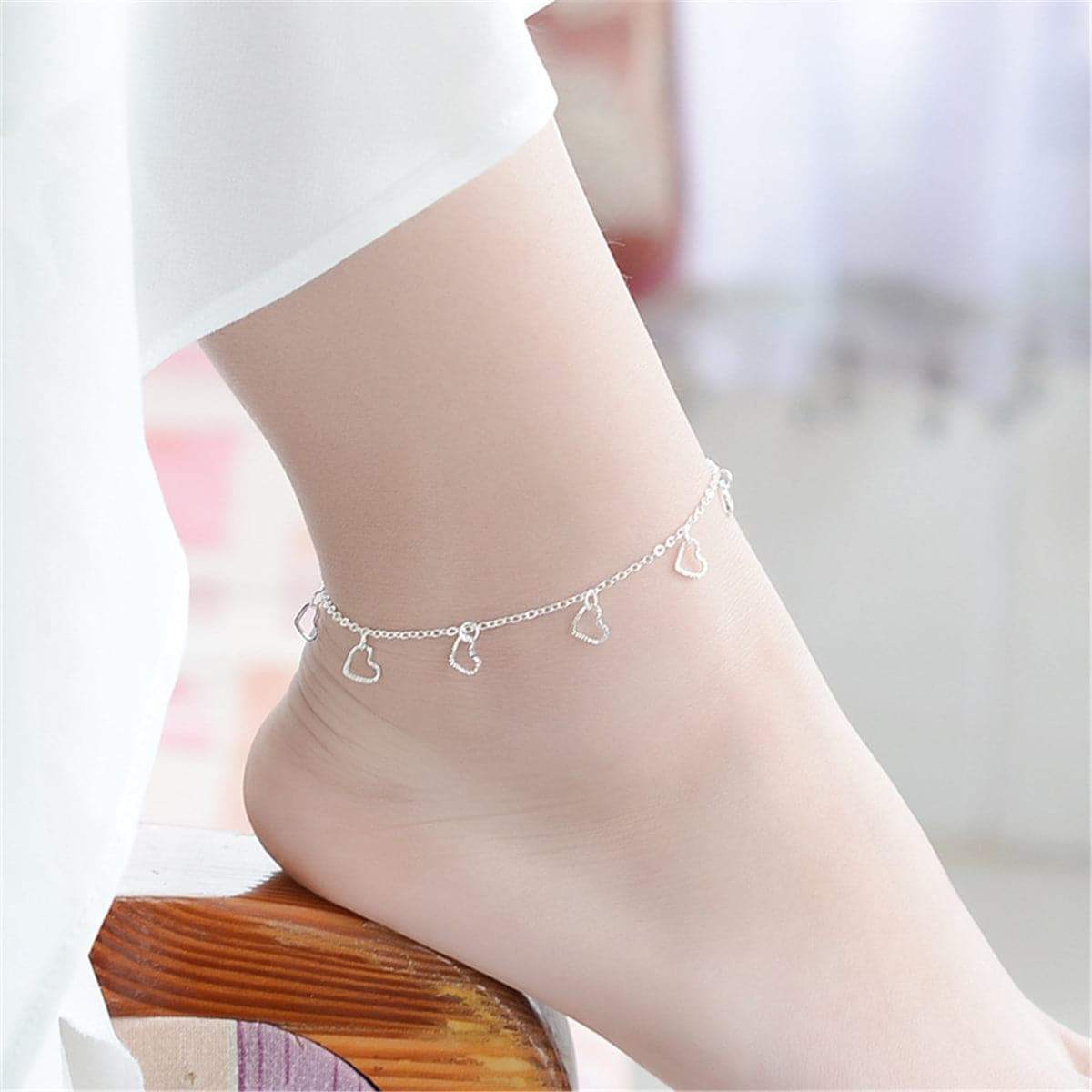 Silvertone Open Heart Station Anklet-1