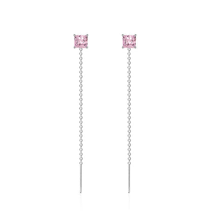 Pink Crystal & Silvertone Cube Threader Earrings