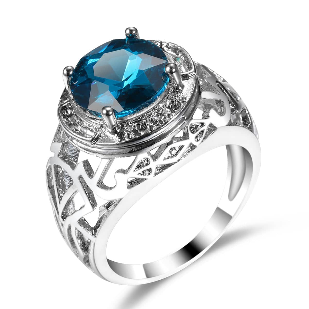 Blue Crystal & Silvertone Filigree Cocktail Ring-2