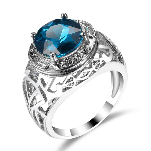 Blue Crystal & Silvertone Filigree Cocktail Ring