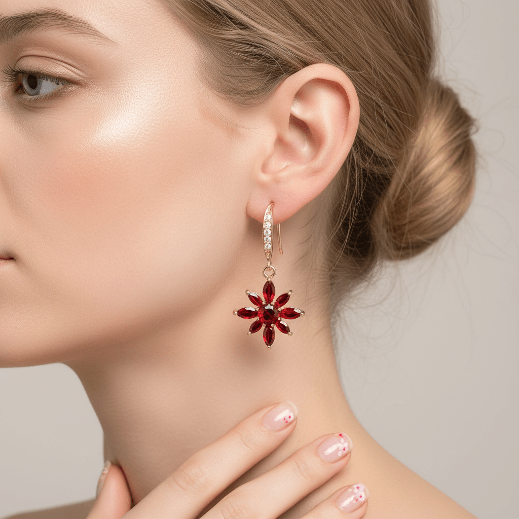 Red Crystal & Cubic Zirconia Goldtone Flower Hook Earrings