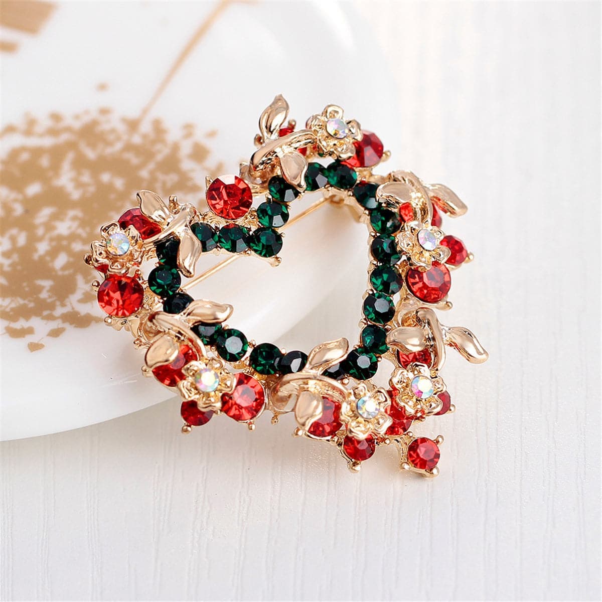 Red & Green Cubic Zirconia & Goldtone Wreath Brooch