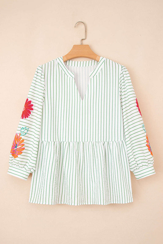 Threaded Pear Ashley Stripe Flower Puff Sleeve V Neck Babydoll Blouse
