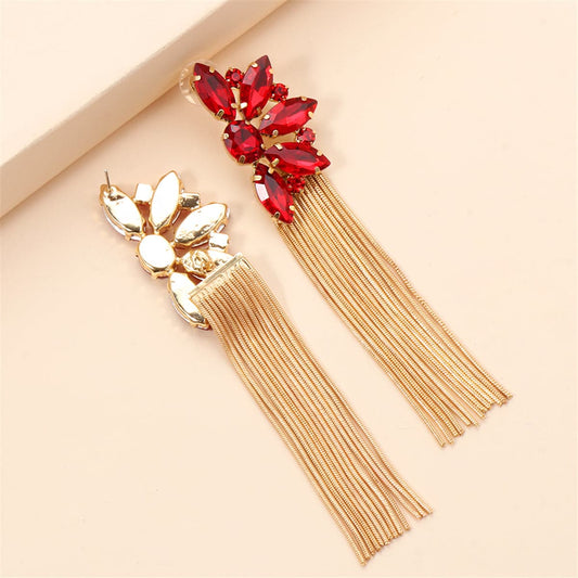 Red Crystal & Cubic Zirconia Floral Tassel Drop Earrings