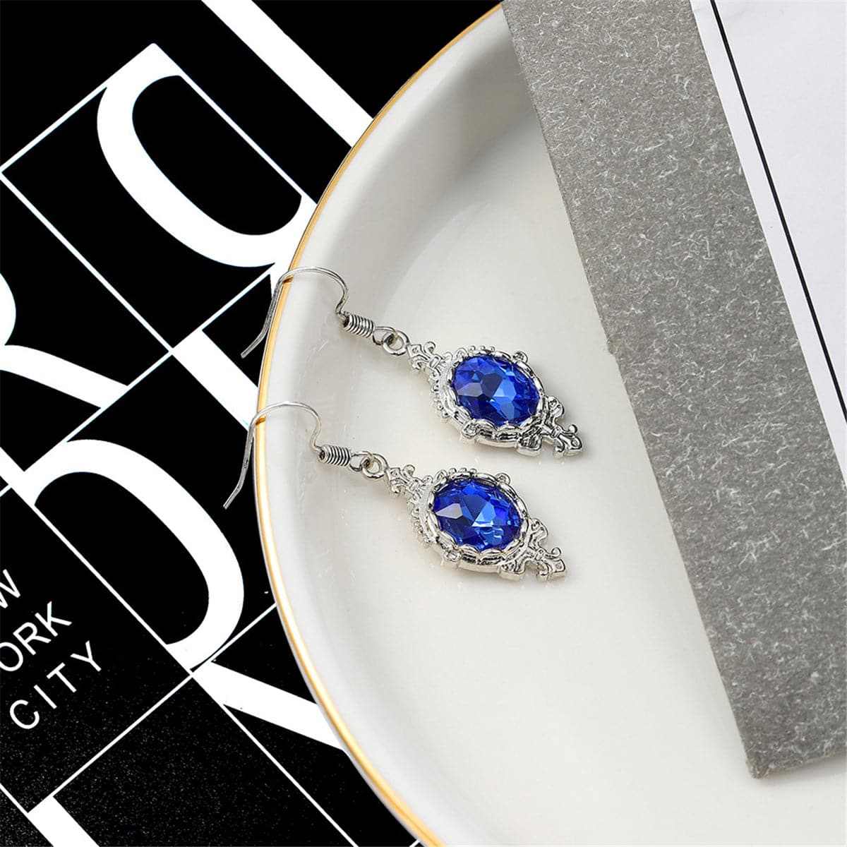 Blue Crystal & Silvertone Oval Engraved Drop Earrings